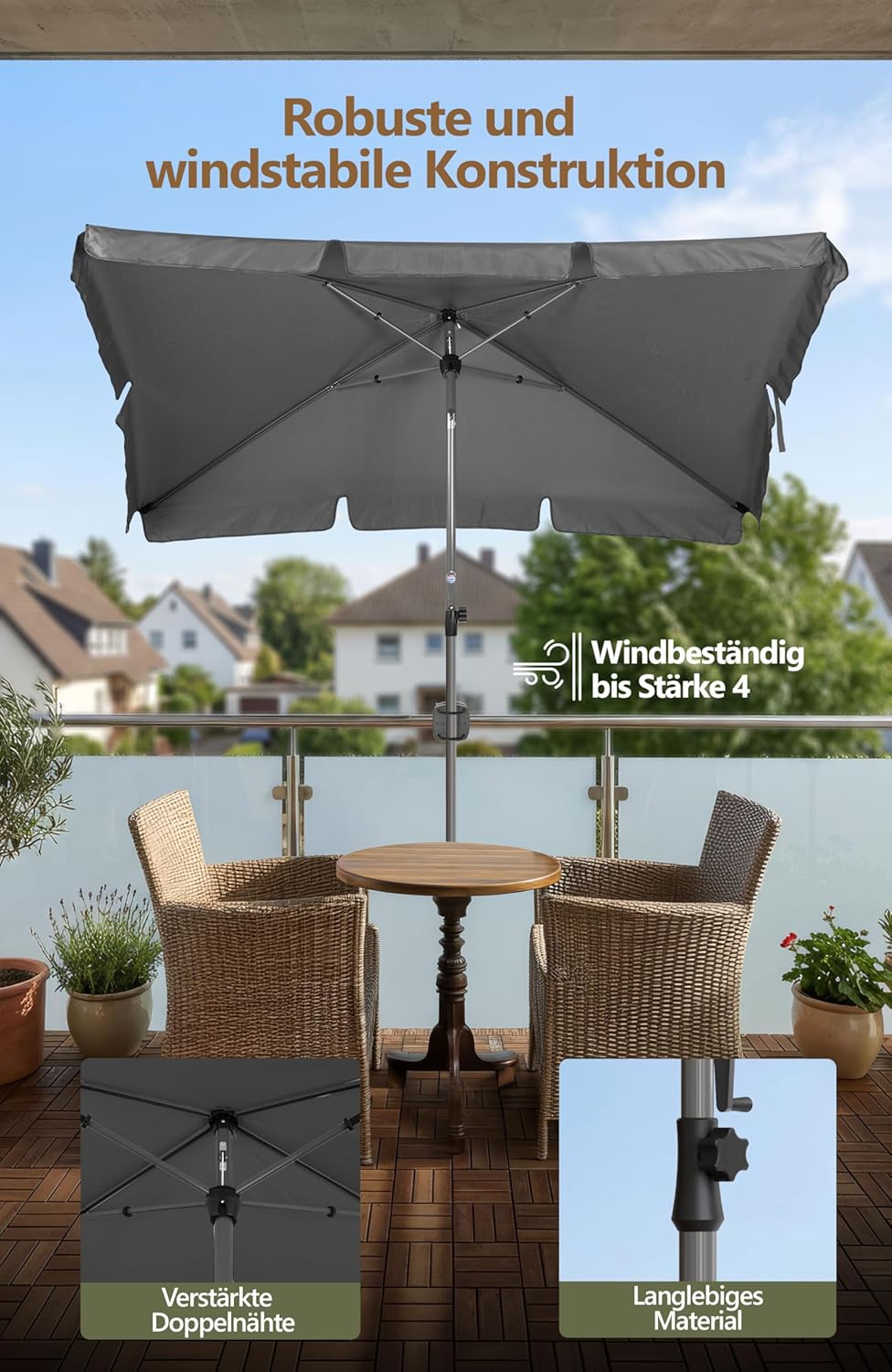 Menz Sonnenschirm, inkl. Sonnenschirmhülle - UPF 50+ Sonnenschirm rechteckig 200 x 125 cm, Sonnensch