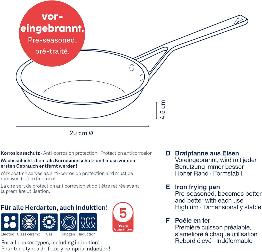 kela 12600 Bratpfanne aus Eisen, Voreingebrannte Eisenpfanne, Induktionsgeeignet, Ø 20 cm, Schwarz,