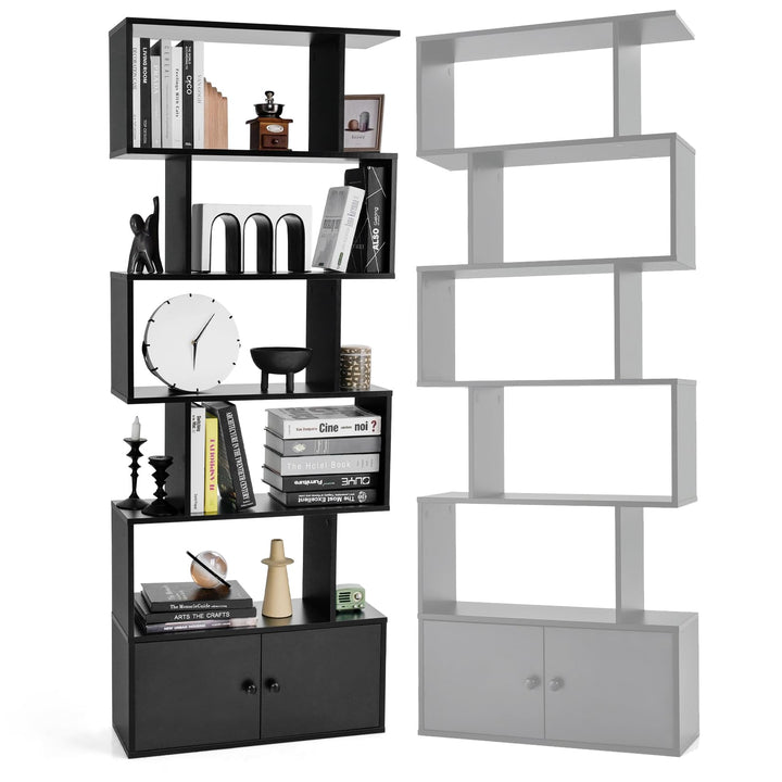 HOMASIS Bücherregal mit 5 Ebenen, Standregal mit Schrank & 2 Türen, Aufbewahrungsregal aus Holz, Wan