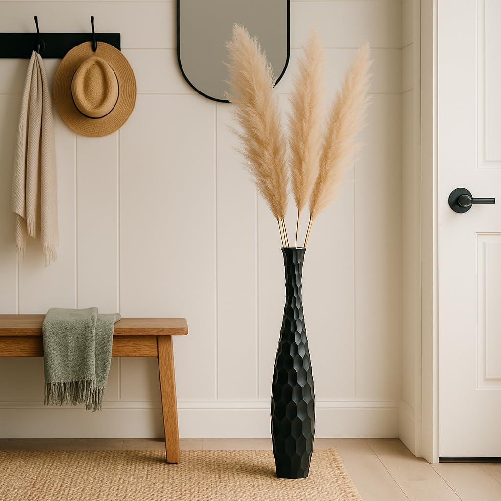 Leewadee Grosse Bodenvase für Dekozweige hohe Standvase Design Holzvase, Holz, 90 cm, Schwarz 90 cm