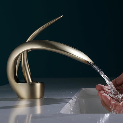 SJQKA Wasserfall Wasserhahn Bad gold gebürstet,Wasserhahn Wasserfall für Badezimmer,Wasserhahn Bad A
