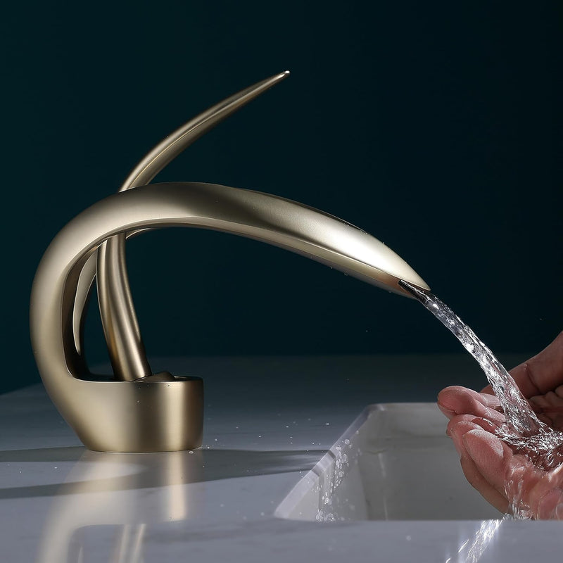 SJQKA Wasserfall Wasserhahn Bad gold gebürstet,Wasserhahn Wasserfall für Badezimmer,Wasserhahn Bad A