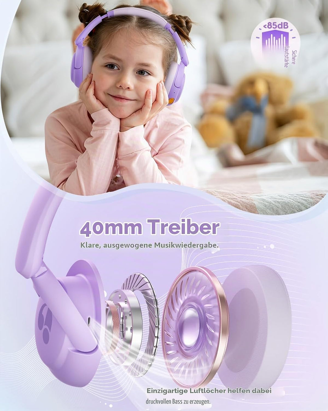 Bluetooth Kopfhörer Kinder, 85dBA Sicheres Volumen, Bluetooth 5.4, BPA Frei/CPC Zertifiziert, 75 Std
