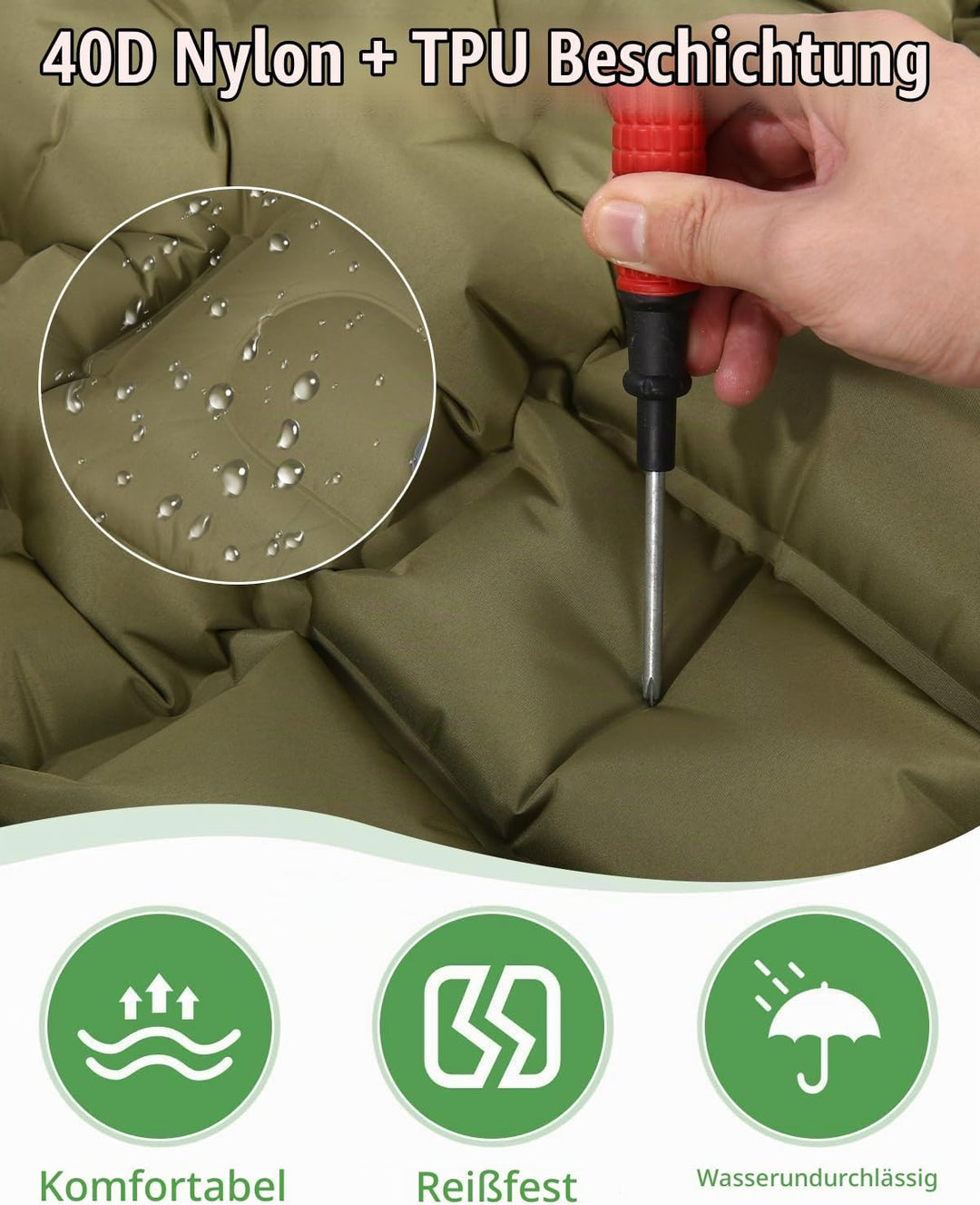 Isomatte Selbstaufblasend, 10cm Dicke Luftmatratze Camping mit Fusspressepumpe und Kissen, Anti-Rips