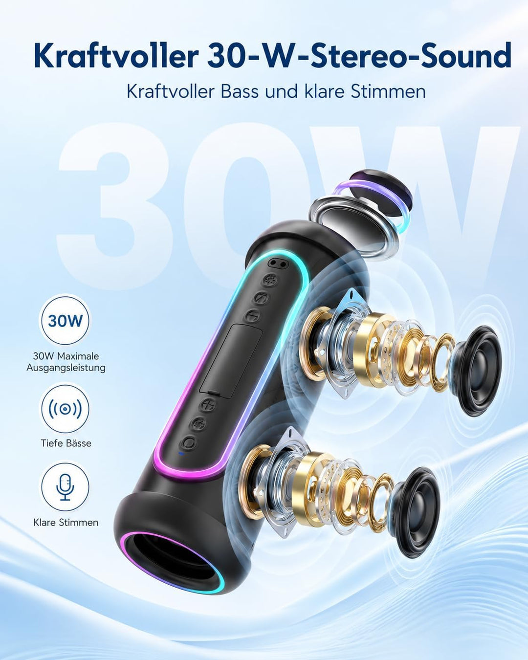UOHHBOE 30W Bluetooth Lautsprecher Tragbarer Musikbox Bluetooth 5.4 Dual Stereo & TWS 30 Std Akku RG