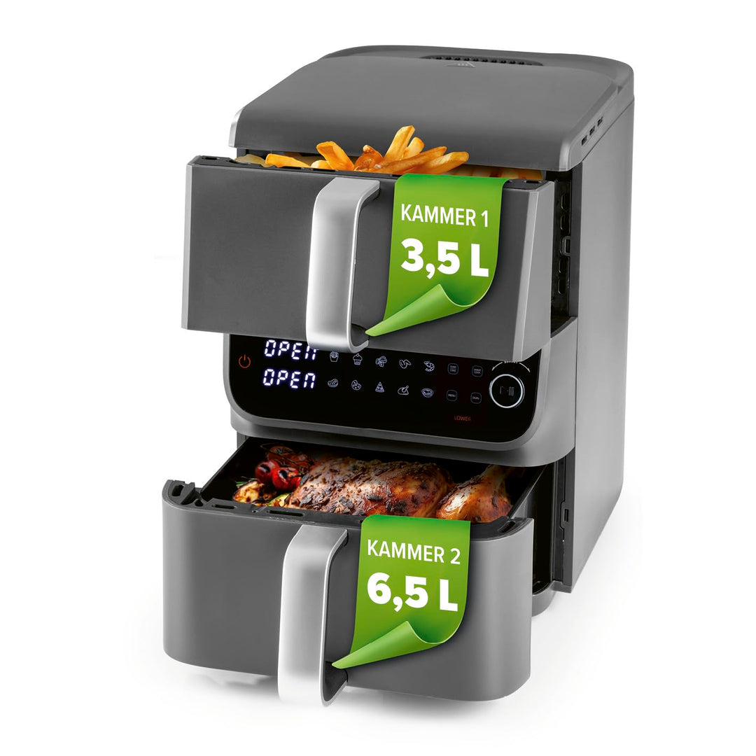 GOURMETmaxx FryUp Doppelkammer Heissluftfritteuse MultiSize - 10 L | vertikaler Airfryer mit 2 Kamme