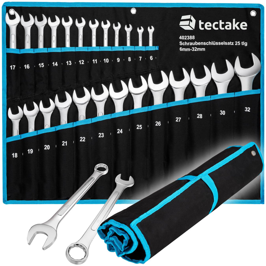 TecTake Maulringschlüssel Satz 6-32 mm 25-teilig mit Tetron Rollstasche - Diverse Farben - (Blau | N