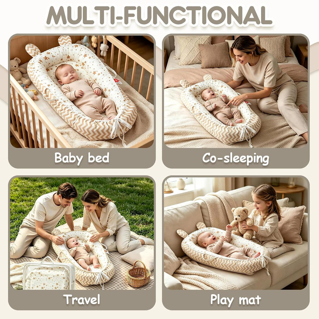 Soontrans Babynest für Neugeborene mit Kordelzug &amp; Tragetasche (Sterne) | Nestchen Baby Geborgenheit
