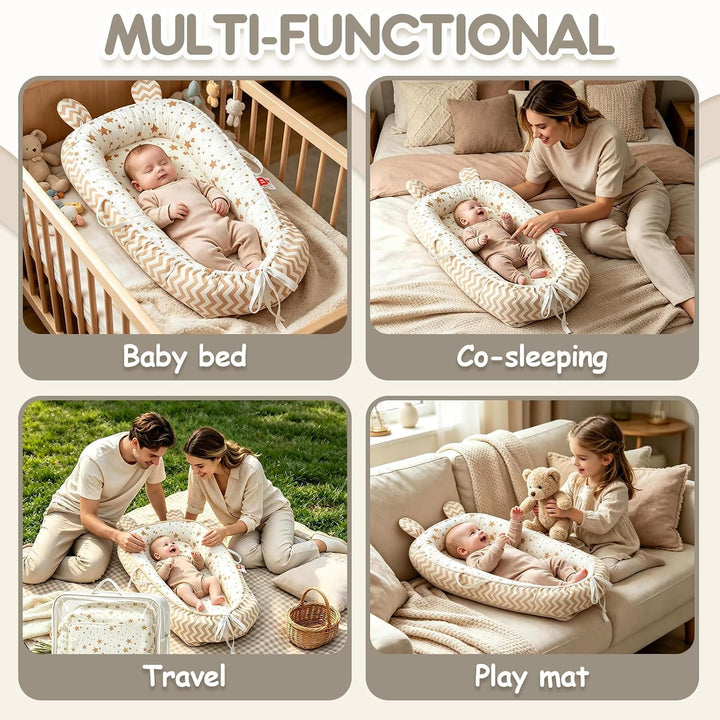 Soontrans Babynest für Neugeborene mit Kordelzug &amp; Tragetasche (Sterne) | Nestchen Baby Geborgenheit