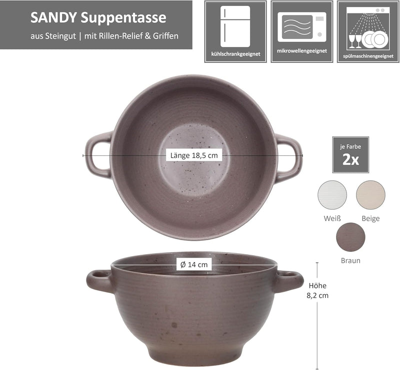 MamboCat 6er Set Sandy Suppentasse 450 ml I Suppenterrine mit Henkeln für 6 Personen I Je 2x Beige,