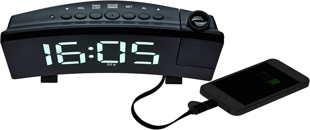TFA Dostmann Wecker mit Projektion, 60.5015.02, inkl USB Ladefunktion, FM Radio, mit 2 Weckalarmen,