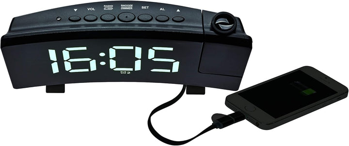 TFA Dostmann Wecker mit Projektion, 60.5015.02, inkl USB Ladefunktion, FM Radio, mit 2 Weckalarmen,