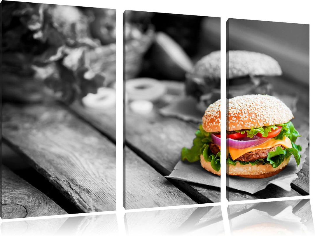 Pixxprint Leckere Burger als Leinwandbild | Grösse: 3 Teilig (120x80) | Wandbild| Kunstdruck | ferti