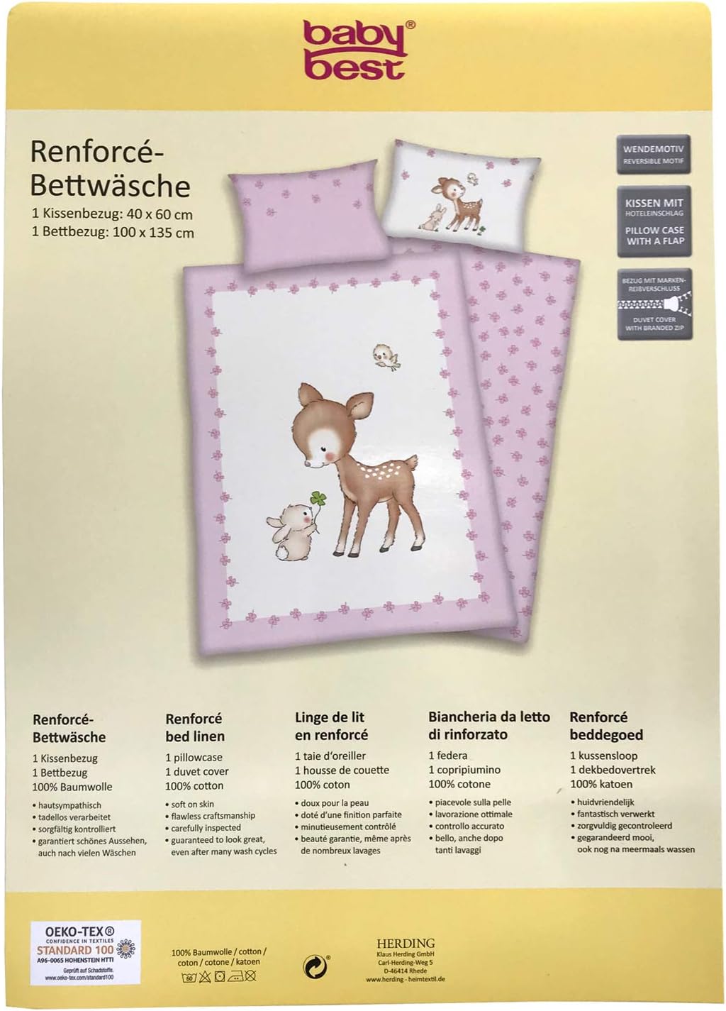 Herding Baby Best Bettwäsche-Set, Kleines Reh, Kopfkissenbezug 40 x 60 cm mit Hoteleinschlag, Bettbe