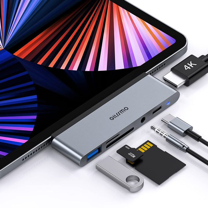 GIISSMO iPad Pro Adapter, USB C Hub with HDMI 4K, USB-C PD, USB-A, SD/TF Card Reader, 3.5 mm Audio J