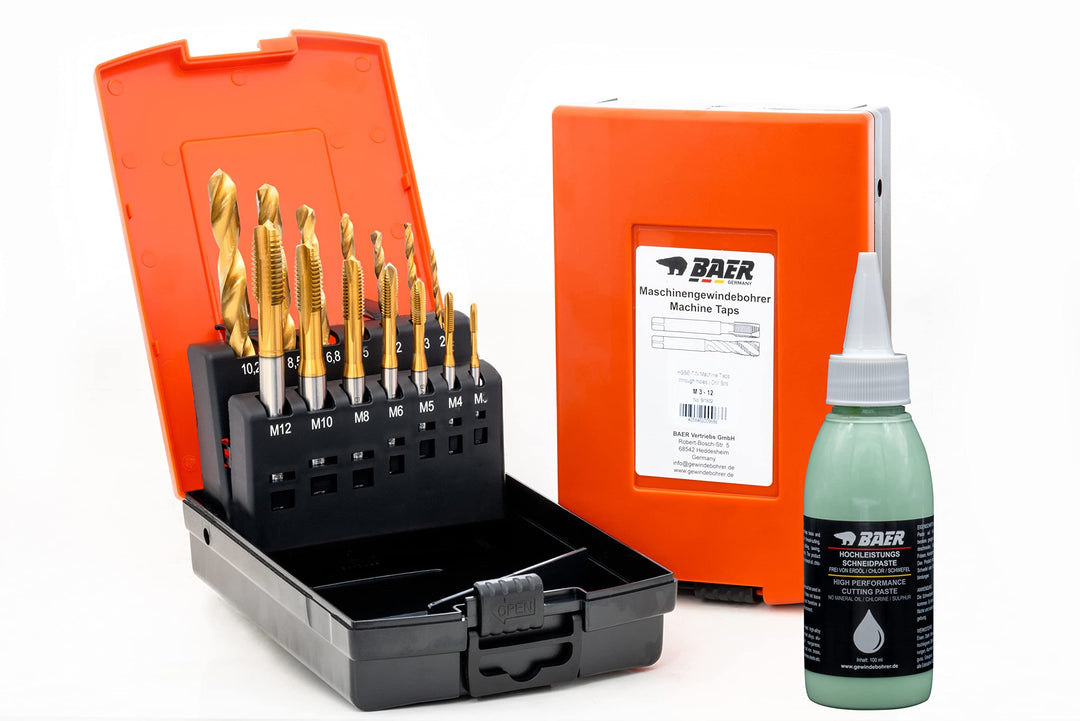 BAER Gewindeschneider Set M3 - M12 - HSSE-TIN inklusive Bohrpaste - Maschinengewindebohrer Durchgang