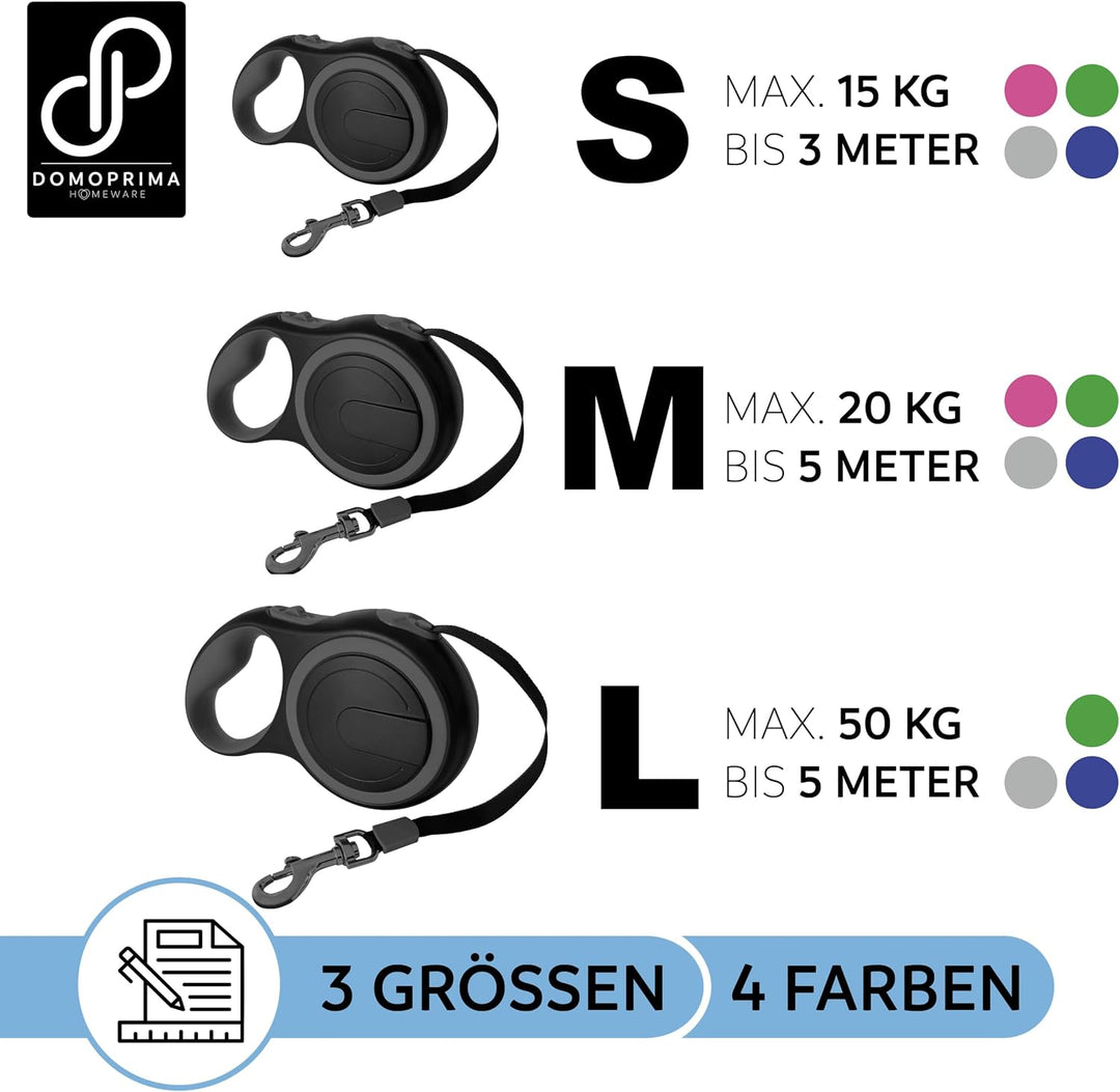 DOMOPRIMA Rollleine Flexibel in 3 Grössen (S,M,L) und 4 Farben (grau, blau, grün, pink) - Robuste un