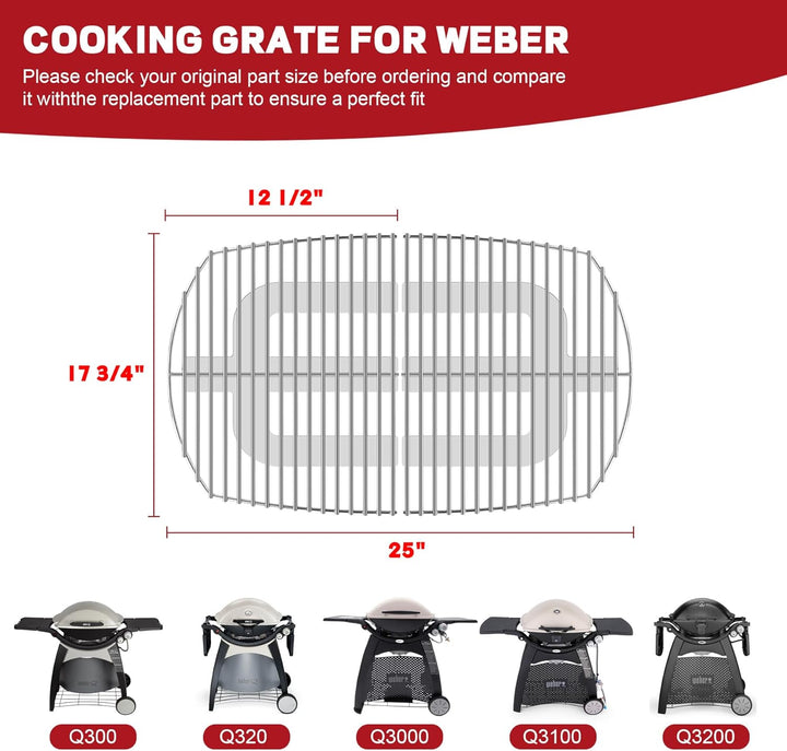 7646 Stainless Steel Cooking Grates for Weber Q300, Q320, Q3000, Q3200 Series, 63.5 x 45.2 cm Replac