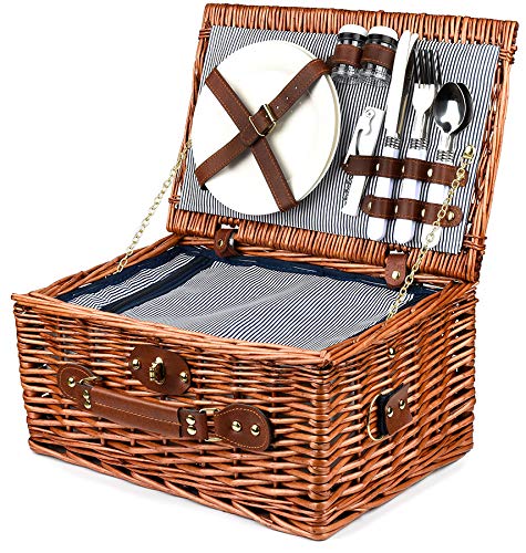 Picknickkorb für 2 Personen mit Kühlfach - Inklusive Bestecksets, Kühlfach, Korkenzieher und Keramik