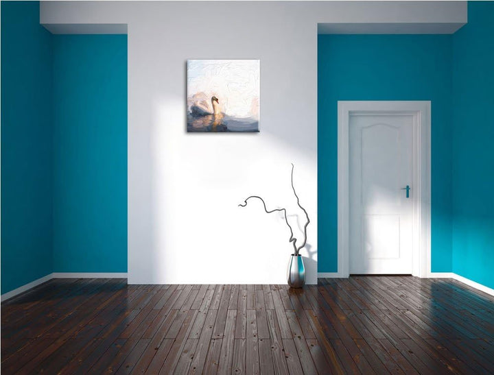 einsamer Schwan auf See, Format: 70x70 auf Leinwand, XXL riesige Bilder fertig gerahmt mit Keilrahme