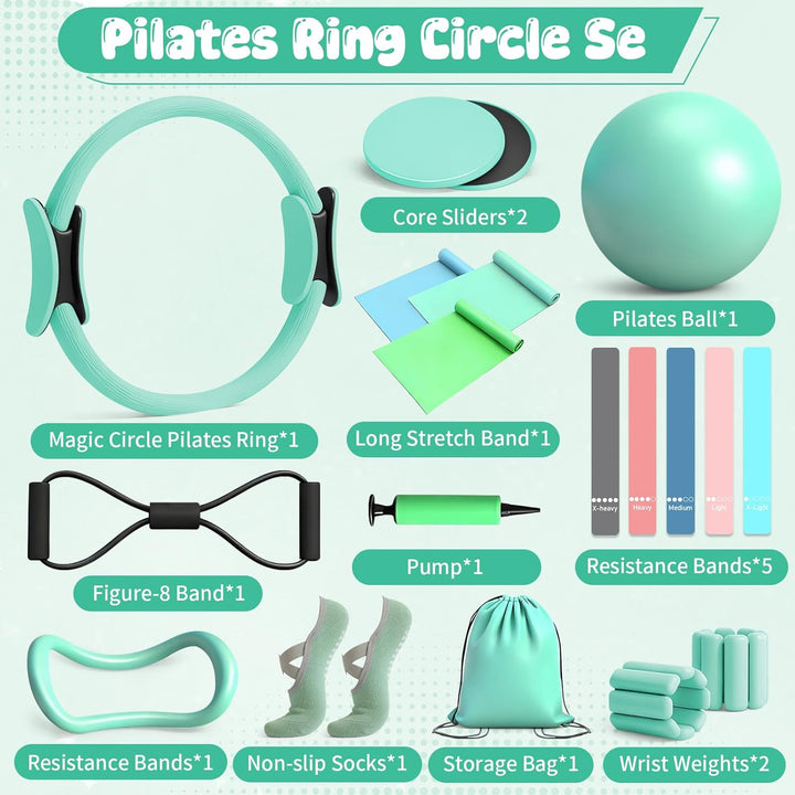 19 PCS Pilates Set, Minzgrün Home Workout Kit, Pilates Equipment mit Pilates Ring, Pilates Ball, Ter