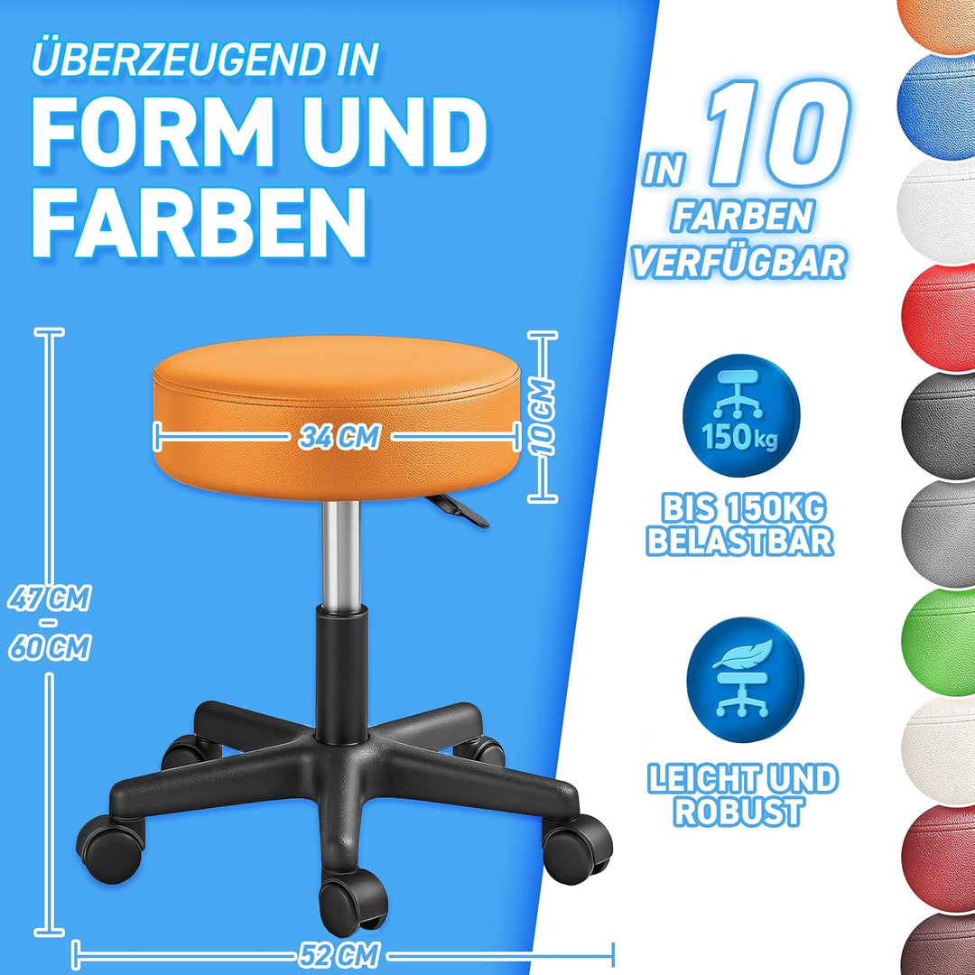 TRESKO® Rollhocker mit Lehne höhenverstellbar 10cm Dicke Polsterung Drehbar | Hocker 46-58cm | Arbei