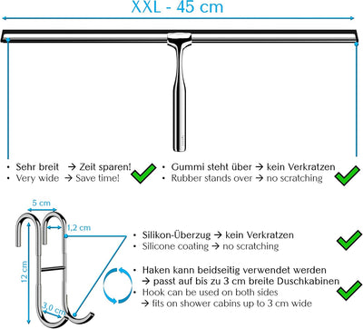 cocofy Duschabzieher breit XXL 45 cm ohne Bohren für Dusche, Fliesen mit Haken, Ersatzgummi, Mikrofa