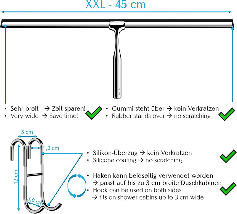 cocofy Duschabzieher breit XXL 45 cm ohne Bohren für Dusche, Fliesen mit Haken, Ersatzgummi, Mikrofa