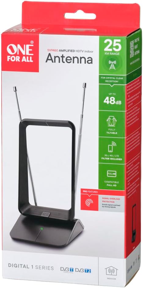 One for All DVB-T/DVB-T2 Indoor/Zimmerantenne – Full HD/HDTV Fernseher TV Antenne mit Verstärker - 0