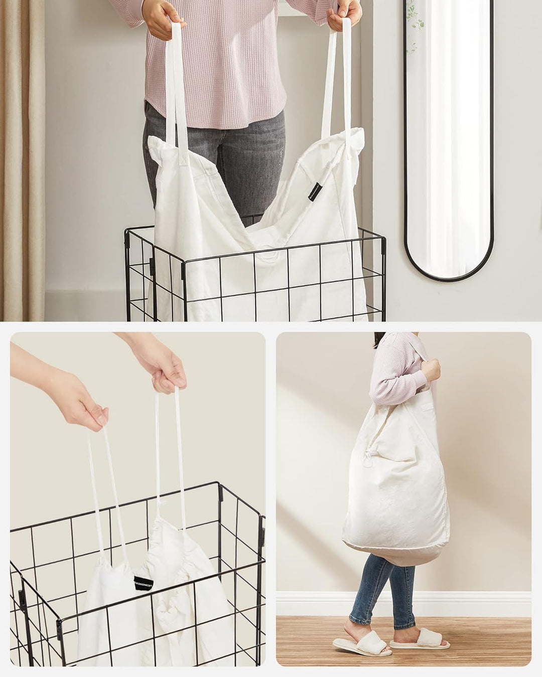 SONGMICS Wäschekorb 90L, faltbarer Wäschesammler, abnehmbarer und waschbarer Wäschesack, Metalldraht