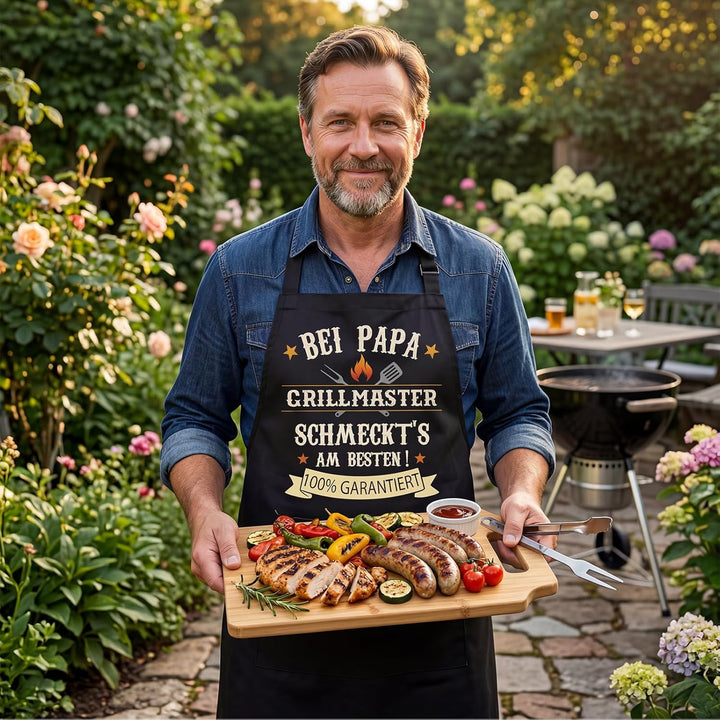 Defresit Papa Geschenk Set 5-in-1 – Lustige Grillschürze, Bambus Schneidebrett & 3 Holz Kochlöffel –