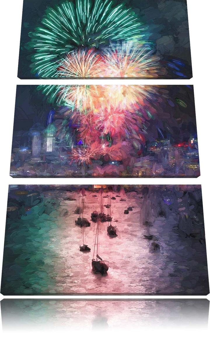 Pixxprint Boot auf See mit Feuerwerk Pinsel Effekt 3-Teiler Leinwandbild 120x80 Bild auf Leinwand