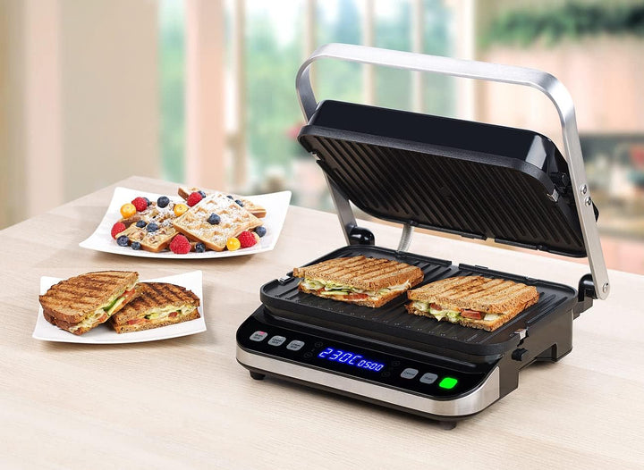 Rosenstein & Söhne Grill: Digitaler Panini-, Sandwich- & Kontaktgrill, Timer & Memory, 2.000 W (Kont