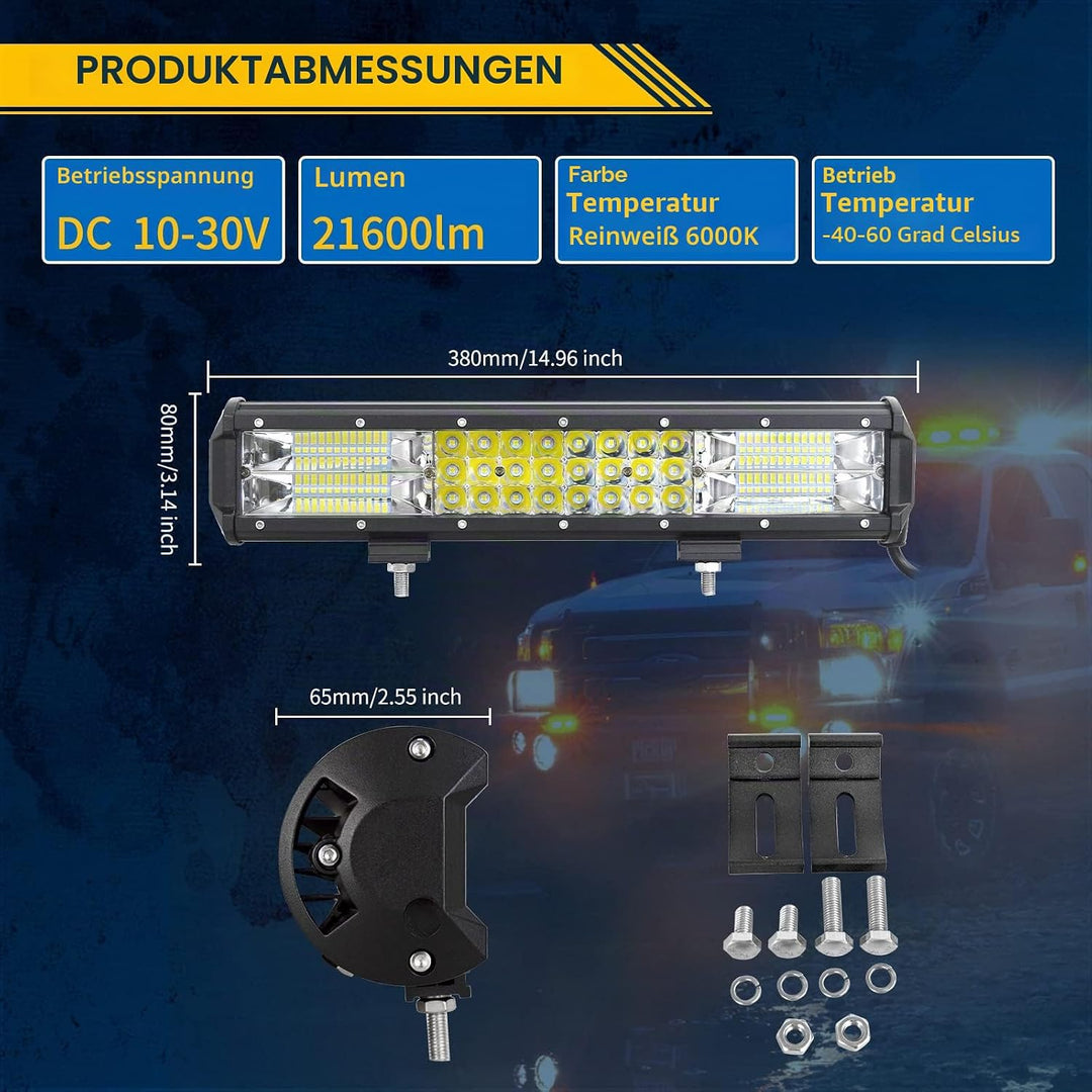 Willpower LED Arbeitsscheinwerfer Bar 15 Zoll 38cm 216W Zusatzscheinwerfer 12V IP67 Wasserdicht Flut
