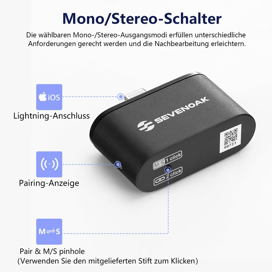 SevenOak Drahtloses Lavalier Mikrofon, mit Rauschunterdrückung/Gain/Mute, Ansteckmikrofon mit Stereo