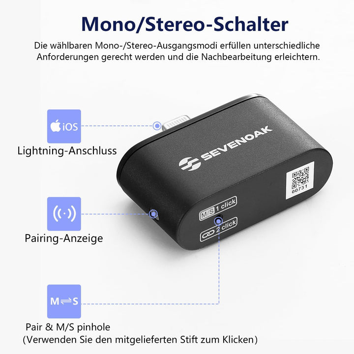 SevenOak Drahtloses Lavalier Mikrofon, mit Rauschunterdrückung/Gain/Mute, Ansteckmikrofon mit Stereo