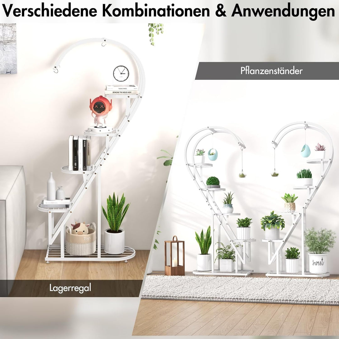 RELAX4LIFE 5-stufiger Pflanzenständer Metall, Blumentreppe Herzförmig, Pflanzenregal mit 4 Haken, Bl
