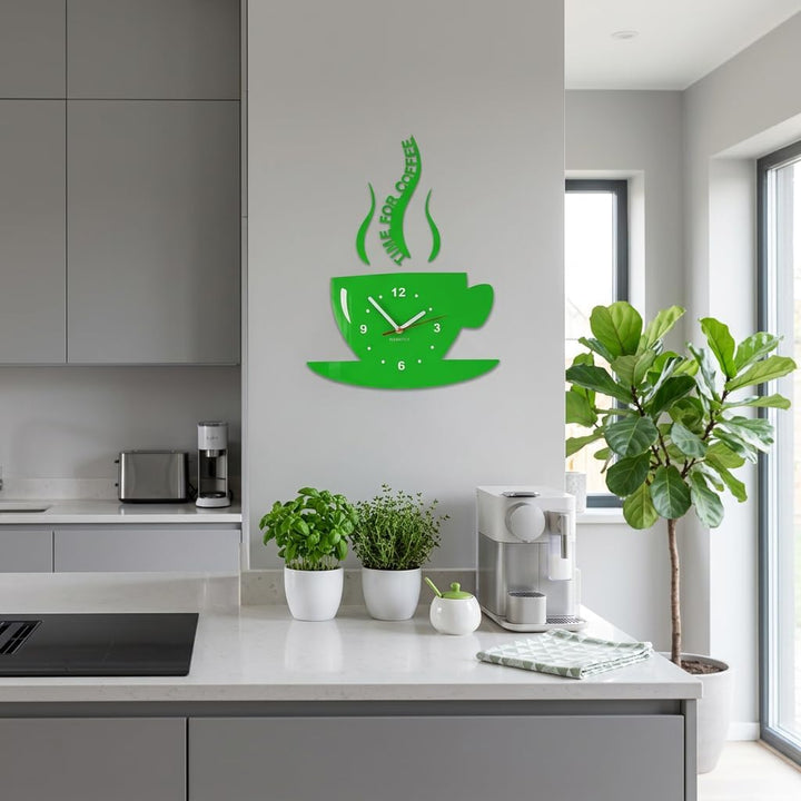 FLEXISTYLE Tasse Time for Coffee (Zeit für Kaffee) Moderne Küche Wanduhr grün, 3D römisch, wanduhr d