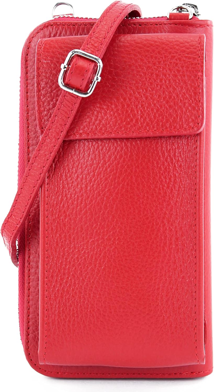 modamoda de - P06 - ital. Damen Umhängetasche Geldbörse Handytasche Leder Rot, Rot