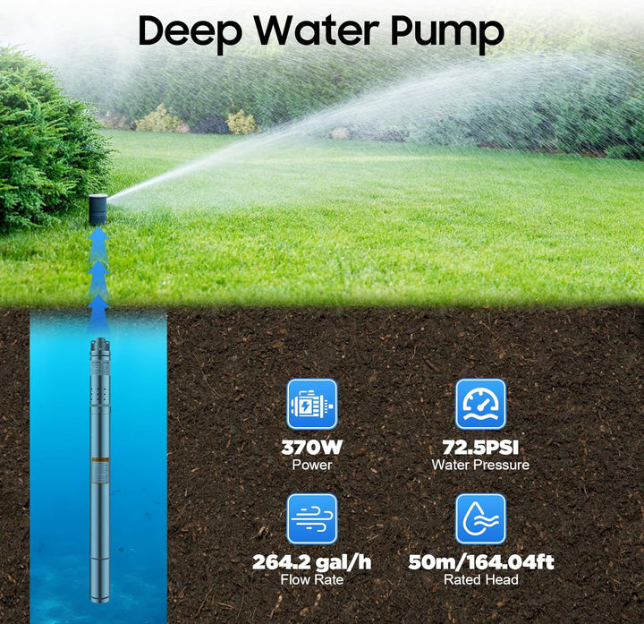 2" Zoll Edelstahl Tiefwasserpumpe, 370W Tauchpumpe, Eintauchtiefe max. 35 m, Durchflussmenge 1000 L/