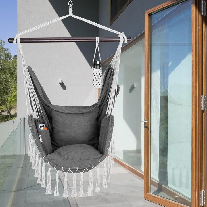 DETEX® Hängesessel bis 150kg Belastbar mit Flaschenhalter Boho Stil Wetterfest Garten 360° Drehbar A