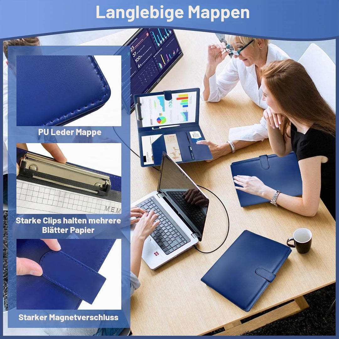 Klemmbrettmappe, PU-Leder Klemmbrett A4 mit Deckel mit Dokumentenmappe Notizblock Blau, Blau