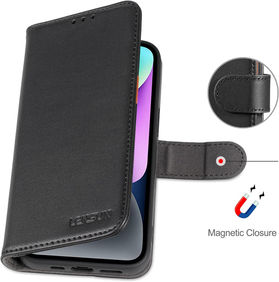 LENSUN Echtleder Hülle für iPhone 14, Handyhülle [Echtes Leder][Magnetverschluss][RFID Schutz] Handy
