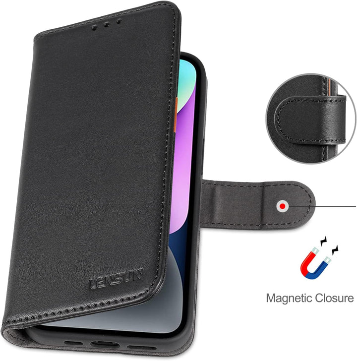 LENSUN Echtleder Hülle für iPhone 14, Handyhülle [Echtes Leder][Magnetverschluss][RFID Schutz] Handy