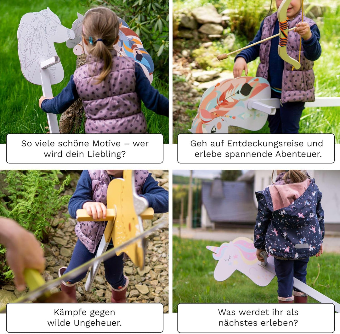 Steckenpferde 10er Set aus Pappe 115 x 40 x 25 cm Hobbyhorse Stockpferde - Einhorn weiss zum Bemalen