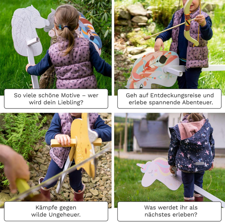 Steckenpferde 10er Set aus Pappe 115 x 40 x 25 cm Hobbyhorse - Dino Stegosaurus weiss zum Bemalen un