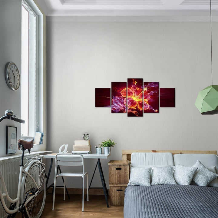 Runa Art Wandbilder Feuer Blume 5 Teilig Bild auf Vlies Leinwand Deko Wohnzimmer Abstrakt Orange Lil