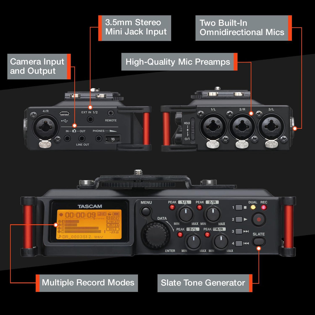 TASCAM Tragbarer 4-Kanal-Audio-Recorder für Videofilmer, 4 Kombi-XLR/TRS-Eingänge, 2 interne Mikrofo