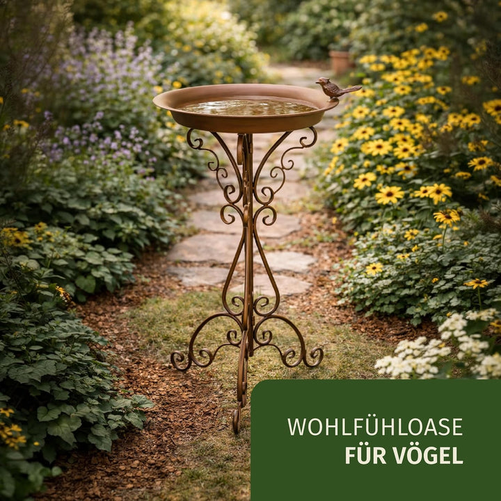 Moritz Vogeltränke Vogelbad Rostoptik braun mit kleinem Vogel auf der Wasserschale Höhe 73cm stehend
