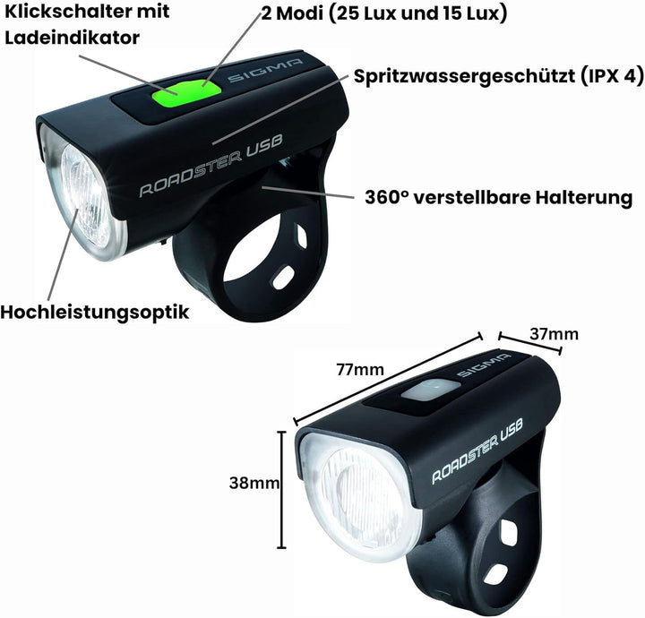 Sigma Sport LED Akku Fahrradbeleuchtung ROADSTER USB / NUGGET II Set, 25 LUX, wiederaufladbare Fahrr
